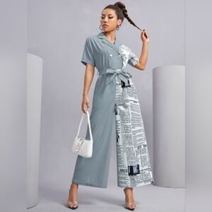 Shein Contrast Newspaper Print Belted Wide Leg Jumpsuit